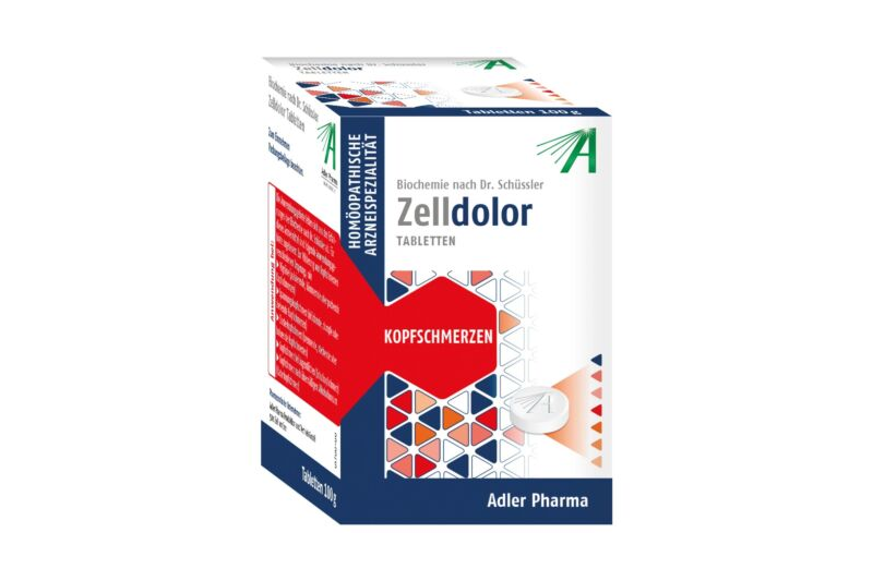 Verpackung von Zelldolor Tabletten zur Behandlung von Kopfschmerzen mit auffälliger roter Gestaltung.