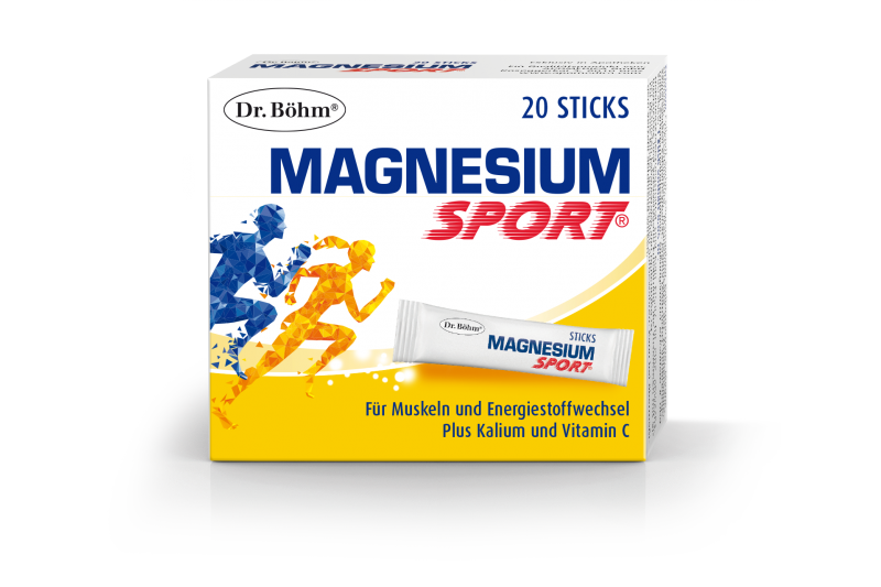 Verpackung von Dr. Böhm Magnesium Sport mit 20 Stick-Packungen für Muskeln und Energiestoffwechsel, gelbes Design.